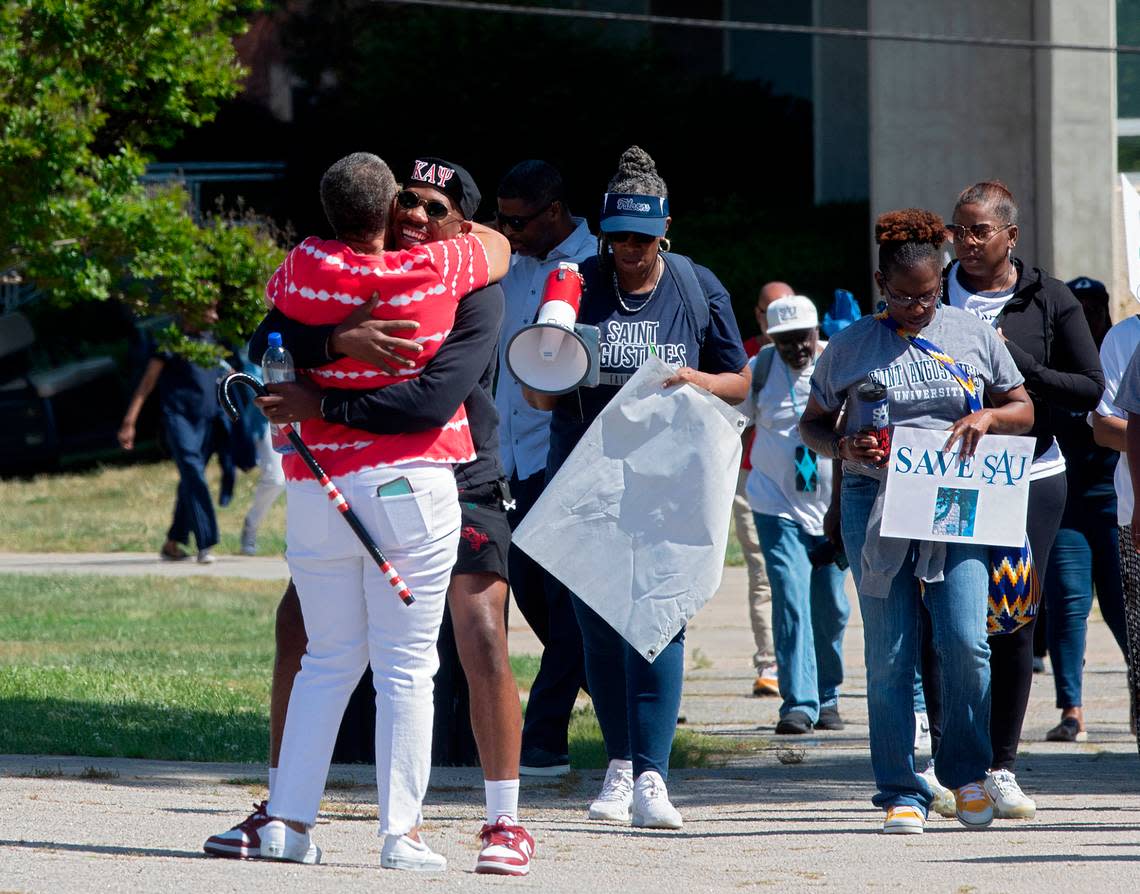 People gather during a rally to save St. Augustine’s University in Raleigh, N.C. on Monday, April 29, 2024. The event was organized by the Capital City Hope Foundation, Falcons Unite, and the SAVESAU Coalition.