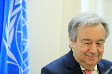 United Nations Secretary General Antonio Guterres speaks to journalists during a breakfast briefing at the European headquarters of the United Nations in Geneva, Switzerland, January 18, 2017. REUTERS/Pierre Albouy