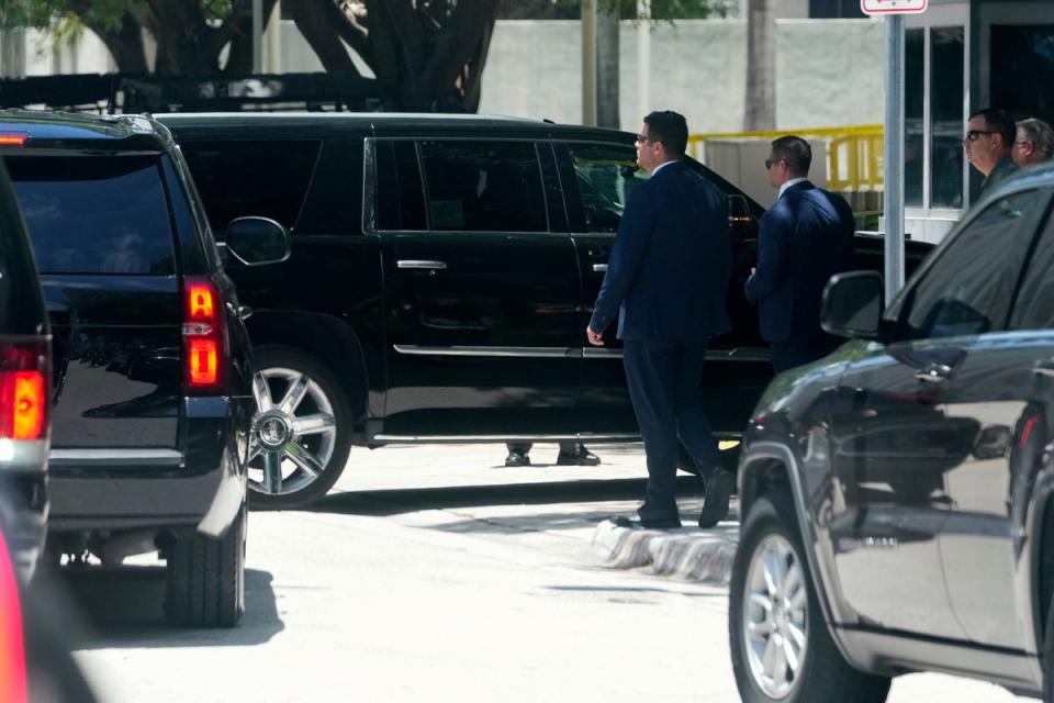 Donald Trump’s motorcade arrives at a federal courthouse in Miami as the former president faces a 37-count indictment accusing him of illegally retaining national defence documents at his Mar-a-Lago estate. (AP)