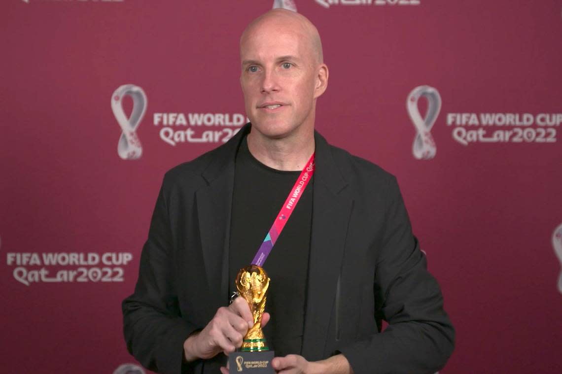 A screenshot taken from video provided by FIFA of journalist Grant Wahl at an awards ceremony in Doha, Qatar in November 2022. Wahl, one of the most well-known soccer writers in the United States, died early Saturday, Dec. 10, 2022, while covering the World Cup match between Argentina and the Netherlands.