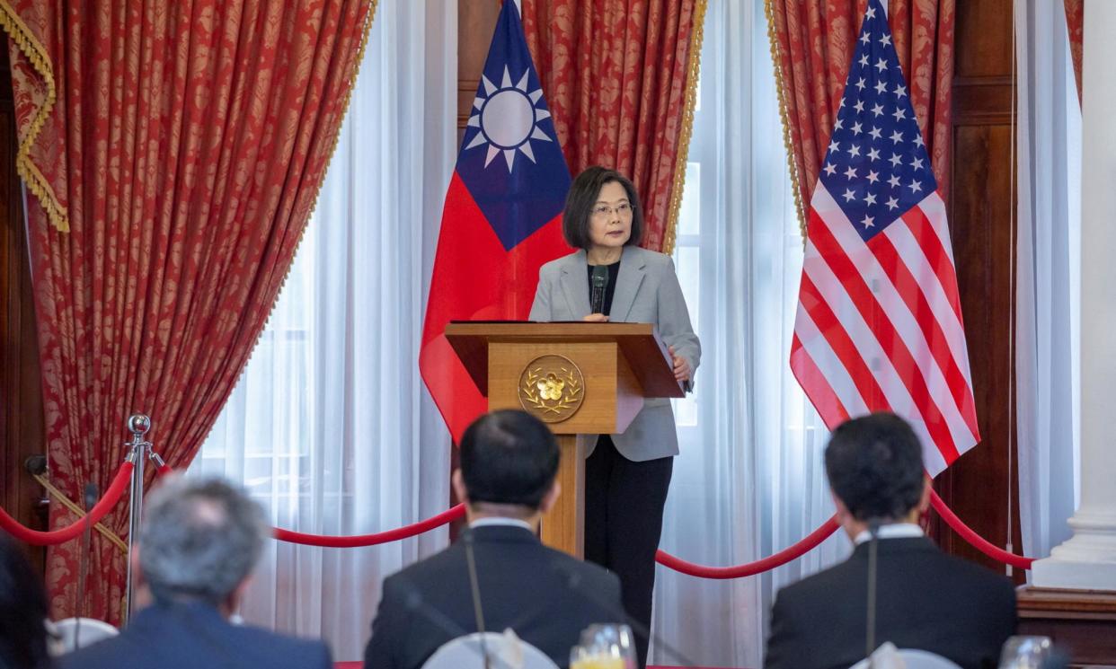 <span>Taiwan's President Tsai Ing-wen speaks during a lunch meeting with Michael McCaul, Chairman of the US House Foreign Affairs Committee in April 2023.</span><span>Photograph: Taiwan Presidential Office/Reuters</span>