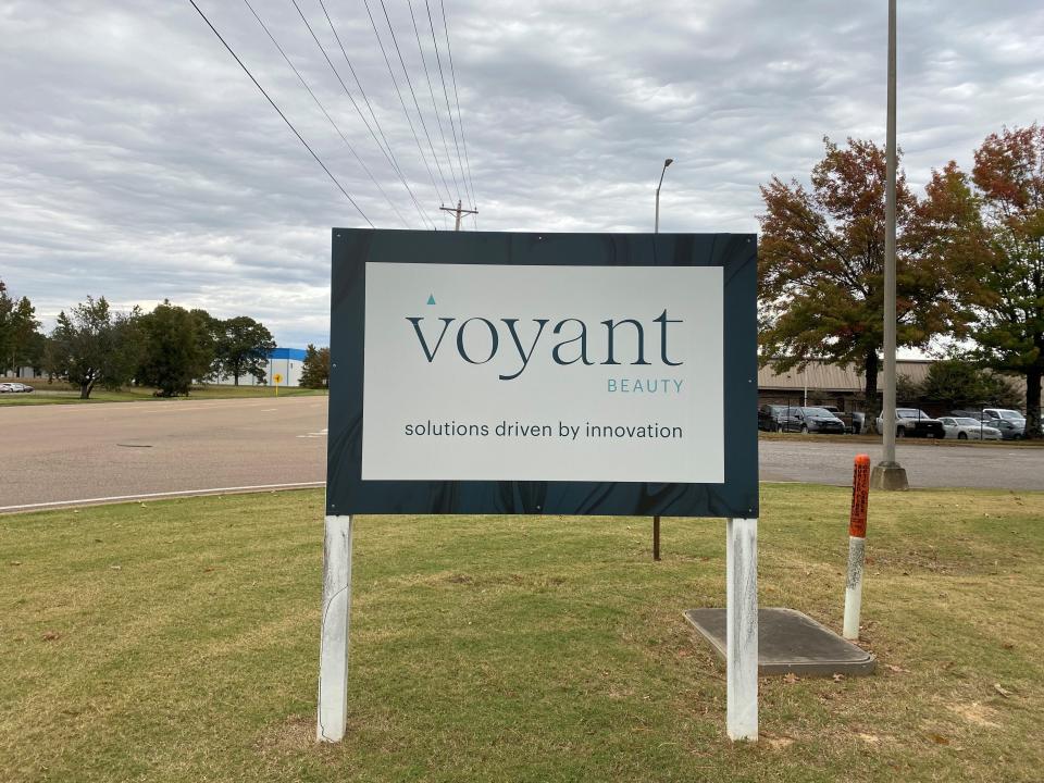 The Voyant Beauty sign near its factory in Olive Branch.