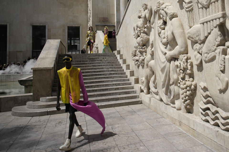 A model wears a creation as part of the Rick Owens men's Spring Summer 2023 collection presented in Paris, France, Thursday, June 23, 2022. (AP Photo/Christophe Ena)