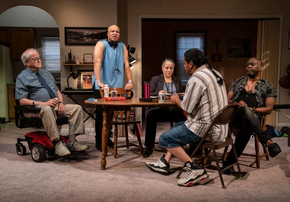 <div class="inline-image__caption"><p>(l to r) Francis Guinan, Glenn Davis, Susanna Guzmán, Eddie Torres, and K. Todd Freeman in 'Downstate.'</p></div> <div class="inline-image__credit">Joan Marcus</div>