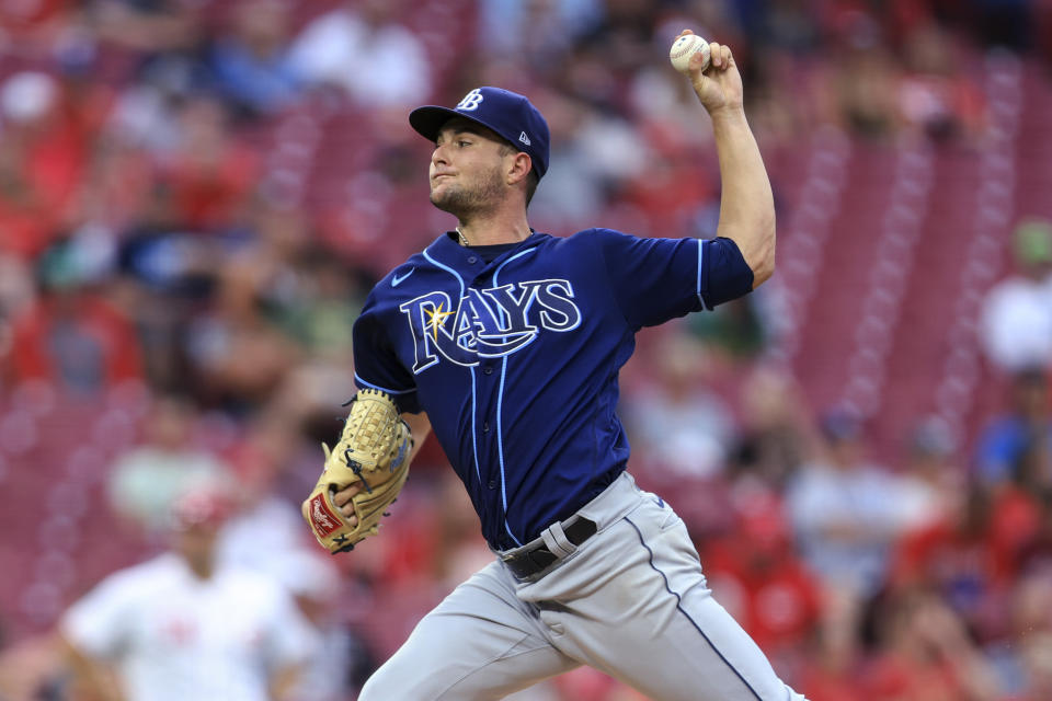 Tampa Bay Rays' Shane McClanahan throws during the fourth inning of the team's baseball game against the Cincinnati Reds in Cincinnati, Friday, July 8, 2022. (AP Photo/Aaron Doster)