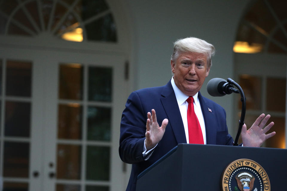 Trump leads Tuesday's daily briefing of the White House Coronavirus Task Force in the Rose Garden at the White House. (Photo: Alex Wong via Getty Images)