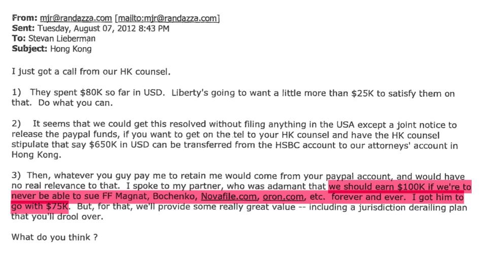 In 2012, Randazza sent an email to Oron's lawyer soliciting a payoff. View the full document <a href="https://www.scribd.com/document/396166992/Randazza-Oron-Bribe" target="_blank" rel="noopener noreferrer">here</a>. (Photo: United States government)