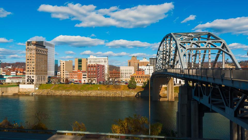 Charleston, West Virginia skyline, South Side Bridge, and the Kanawha River.