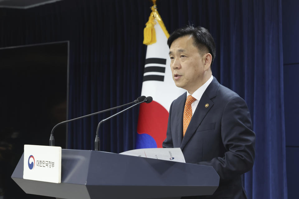 Kang Dohyun, South Korea's second vice technology minister, speaks at a press briefing at the government complex in Seoul, South Korea, Friday, May 10, 2024. South Korea vowed Friday to protect its companies operating in other markets after Japanese regulators told LY Corp., which runs the popular chat app Line in a joint venture with Japan’s SoftBank, to reduce its dependence on its Korean partner, Naver. (Lim Hwa-young/Yonhap via AP)