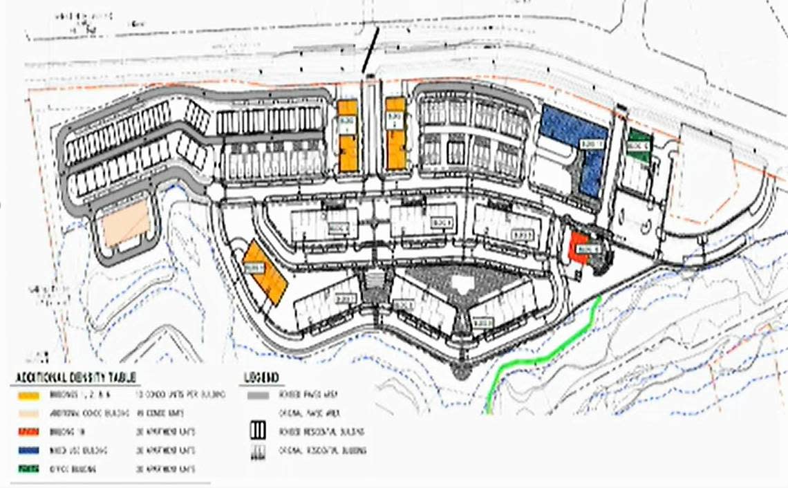 Developer Beechwood Homes will build hundreds of apartments, townhomes and condos on roughly 43 acres of land across U.S. 15-501 from Southern Village in Chapel Hill. The project also includes over 54,000 square feet of retail (shown in blue, green and red).