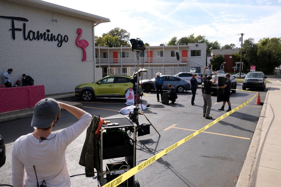Cast and crew members work on the set of the Oklahoma movie “Out of Exile" during filming at the Flamingo Apartments on NW 23rd Street Thursday, October 15, 2020.