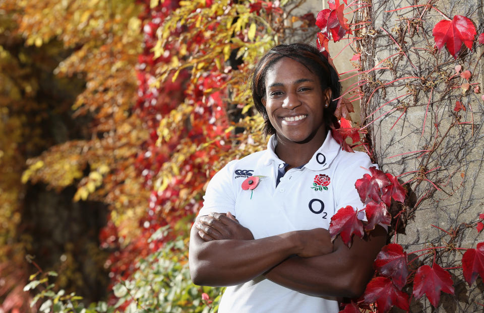 BAGSHOT, ENGLAND - NOVEMBER 05:  Maggie Alphonsi, who will play for England Women against France on Saturday, poses during the England media session held at Pennyhill Park on November 5, 2013 in Bagshot, England.  (Photo by David Rogers/Getty Images)