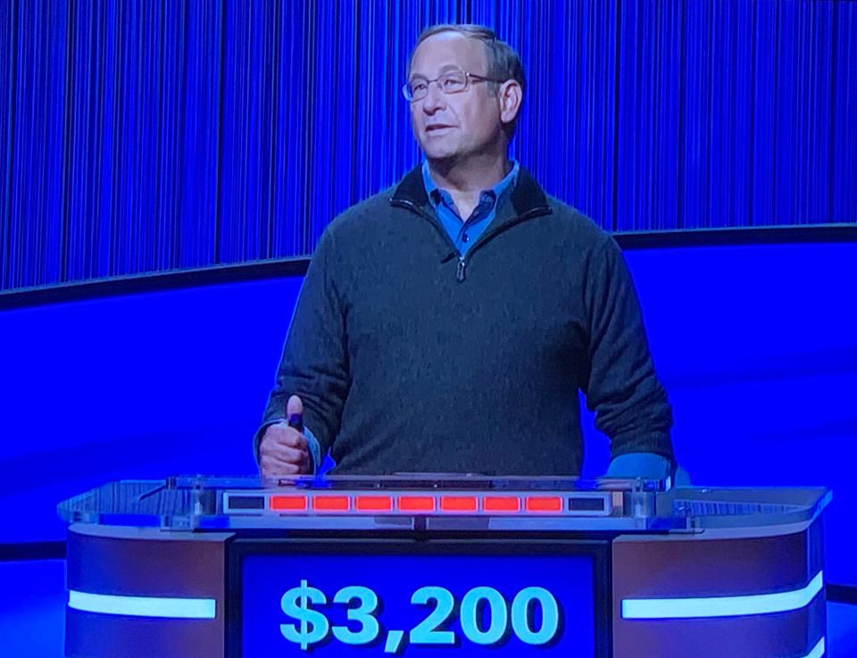 In this photo taken from the television program, Tiverton resident Gregg Morrow appears on 'Jeopardy!' on Tuesday, Jan. 4, 2021.