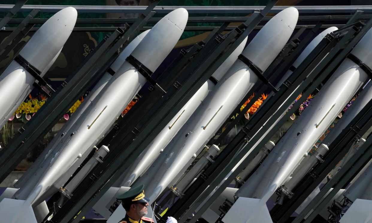 <span>Iranian-made drones on display at military parade in Tehran last year. Iran’s history of testing and deploying drones dates back to the Iran-Iraq war of the 1980s.</span><span>Photograph: Vahid Salemi/AP</span>