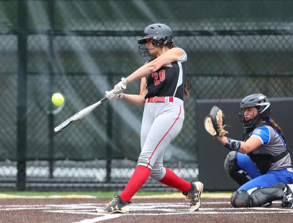 Tappan Zee's Brianna Santilli (20) takes a swing at at pitch during their 6-5 win over Rondout Valley in the Class A regional semifinal softball game at Lakeland High School in Shrub Oak, on Wednesday, June 1, 2022.