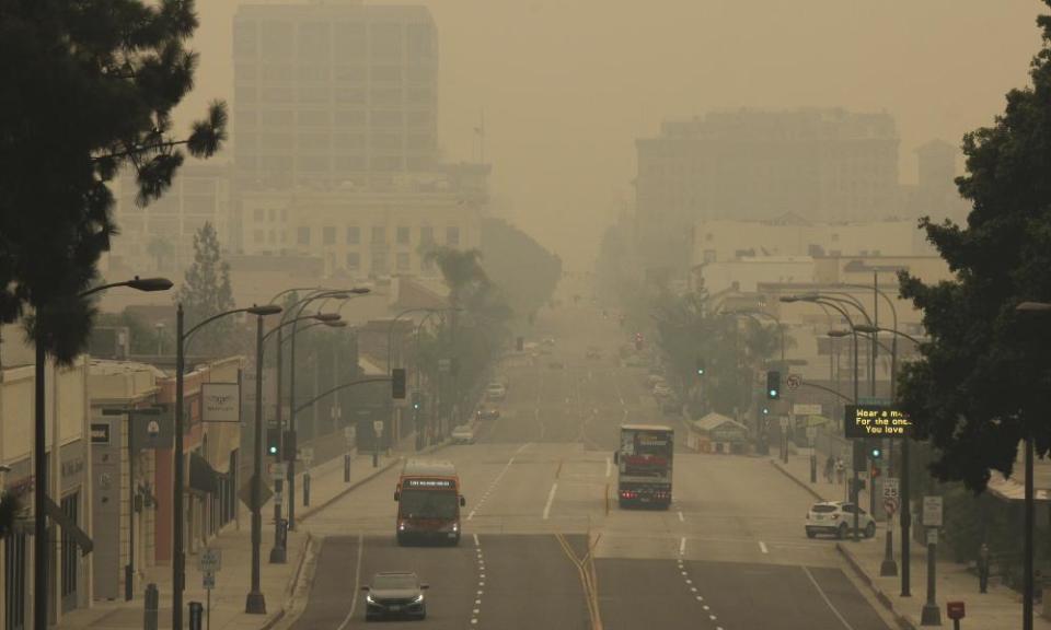 Smoke from wildfires fills the sky over Pasadena, California, on 12 September.