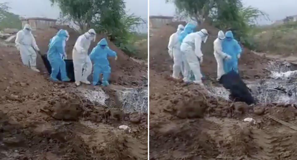 Officials in India's state of Karnataka are filmed throwing the dead bodies of COVID-19 victims, wrapped in garbage bags, down a hole.