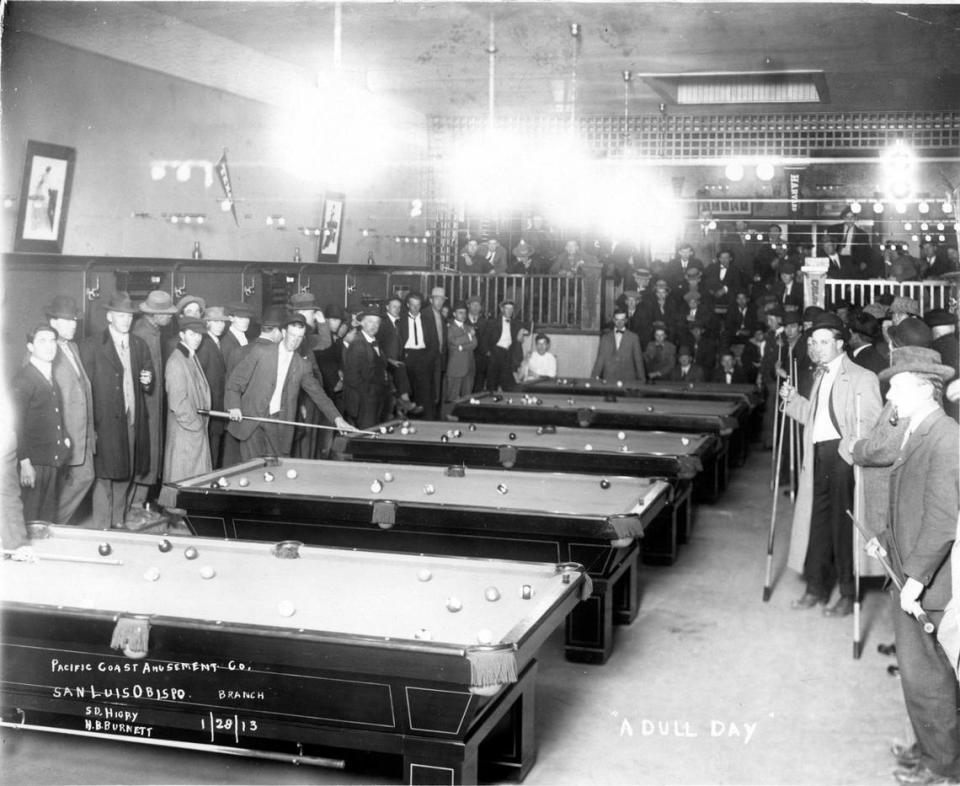 Titled “A Dull Day” this picture was taken at the Pacific Coast Amusement Co. on Jan. 28,1913. Over 60 men and no women were gathered for might be the business opening. The business later became Stag Billiard Parlor until 1967 and was located at the corner of Monterey and Morro, next to the present day Urban Outfitters.