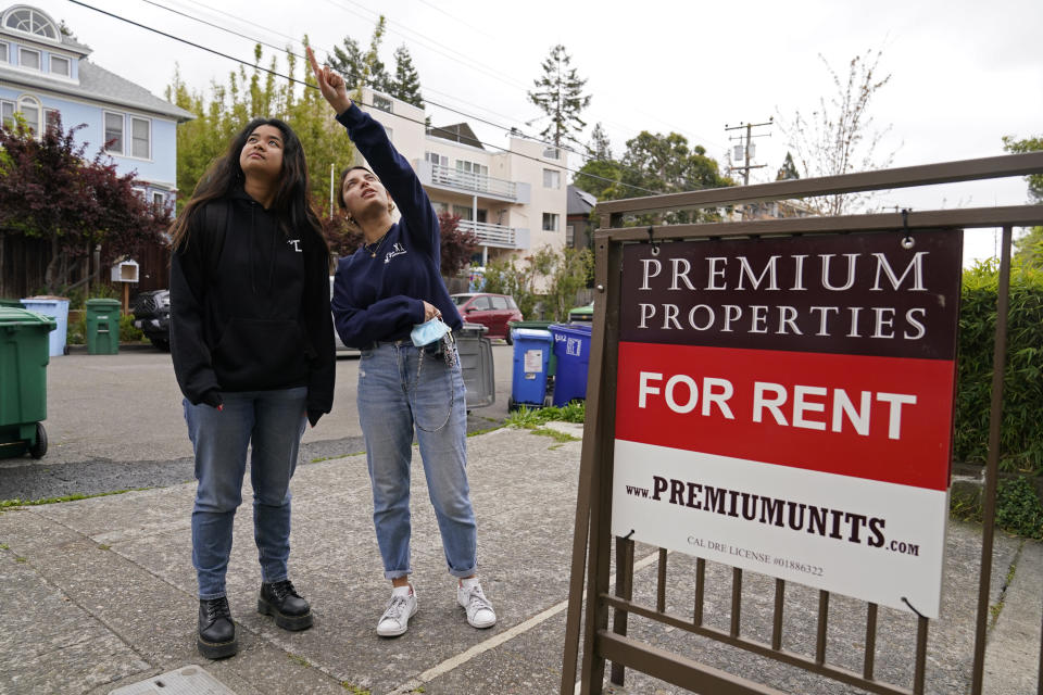 University of California, Berkeley freshmen Sanaa Sodhi, right, and Cheryl Tugade look for apartments in Berkeley, Calif., Tuesday, March 29, 2022. Millions of college students in the U.S. are trying to find an affordable place to live as rents surge nationally, affecting seniors, young families and students alike. Sodhi is looking for an apartment to rent with three friends next fall, away from the dorms but still close to classes and activities on campus. They&#39;ve budgeted at least $5,200 for a two-bedroom. (AP Photo/Eric Risberg)