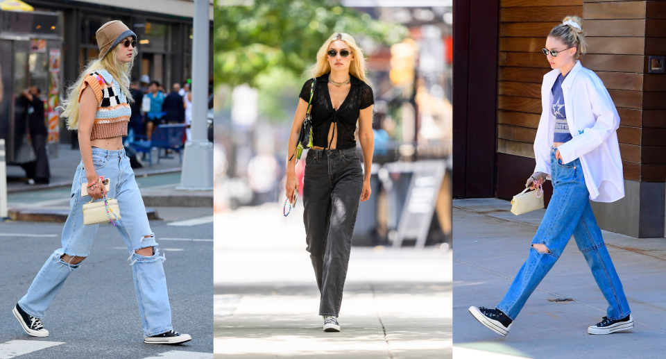 three photos of gigi hadid walking in black converse chuck taylor sneakers and jeans 