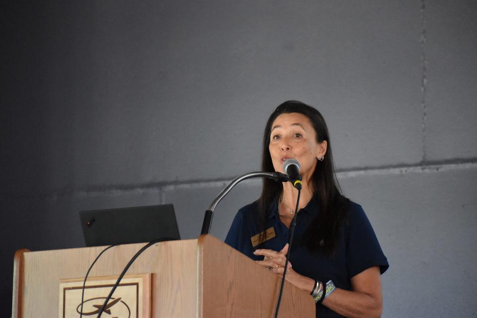 Lirio Liu speaks at the EAGLE initiative briefing during EAA AirVenture, Monday, July 25, 2022, in Oshkosh, Wis.