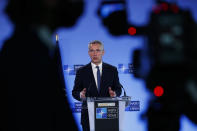 FILE - In this April 13, 2021, file photo, NATO Secretary General Jens Stoltenberg speaks during a media conference at NATO headquarters in Brussels. U.S. President Joe Biden and his NATO counterparts bid a symbolic farewell to Afghanistan on Monday, June 14, in their last summit before America winds up its longest “forever war” and the military pulls out for good. Stoltenberg says it's simply time to leave. (AP Photo/Francisco Seco, Pool, File)