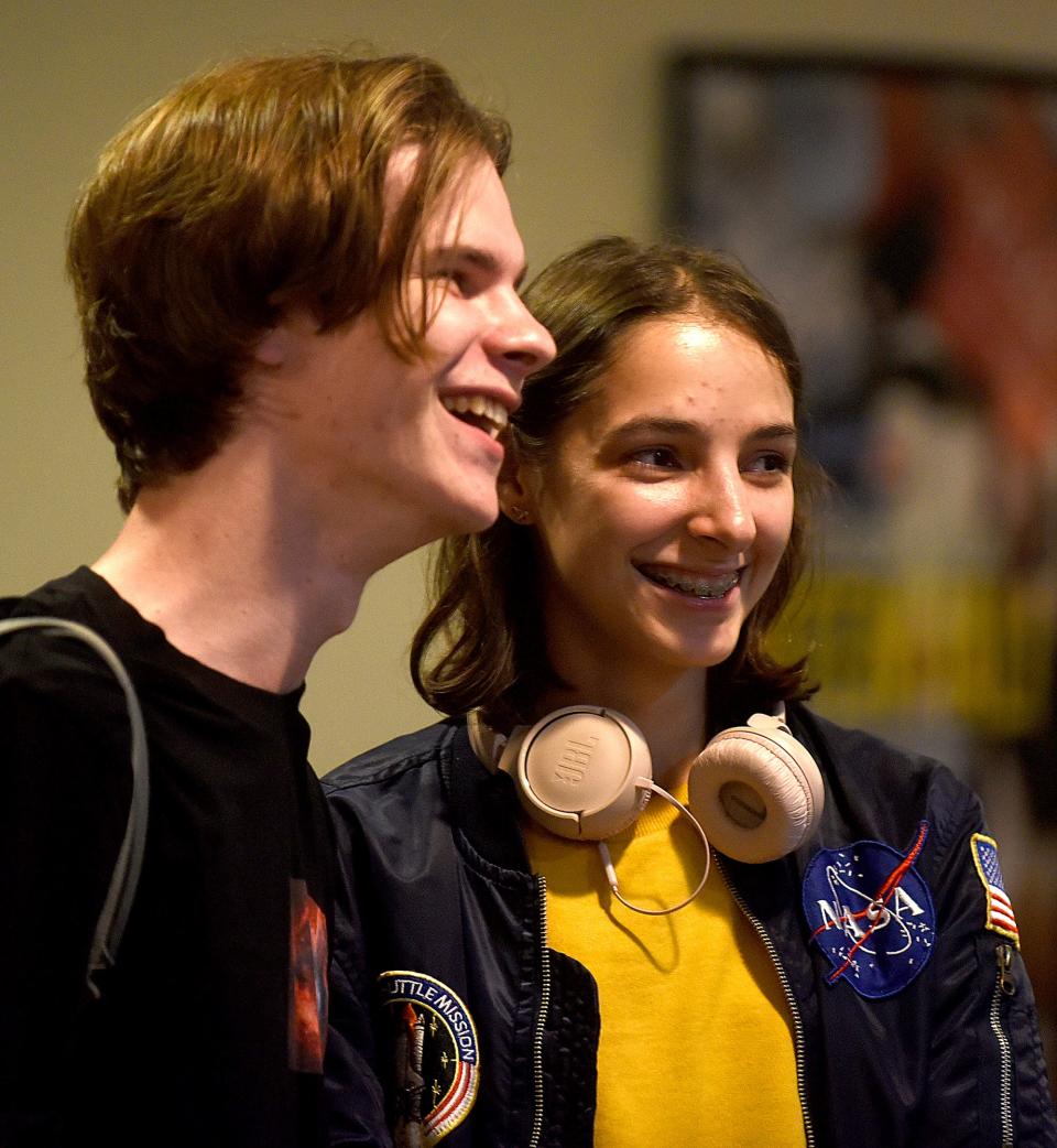 University of Missouri exchange student Vlad Sazhen and his girlfriend Alina Rohulia, both 19 and from Ukraine, wait for Rohulia’s luggage after she arrived at Columbia Regional Airport on Friday night.