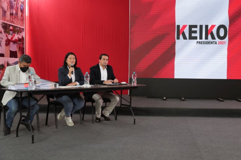 Peru's presidential candidate Keiko Fujimori addresses the media, in Lima