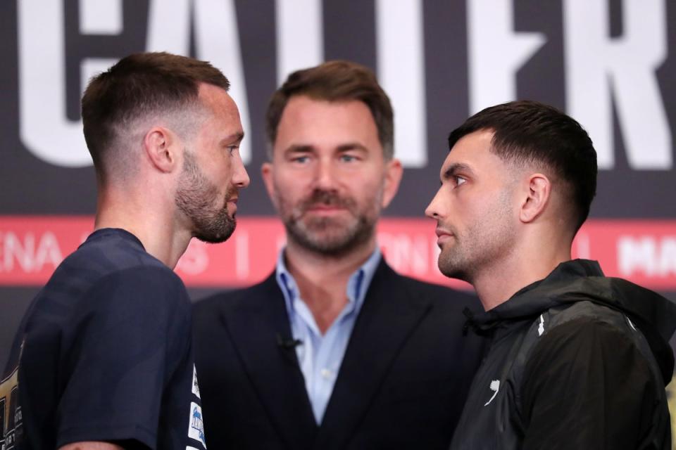 Taylor (left) and Catterall at the final press conference for their rematch (Tim Markland/PA Wire)