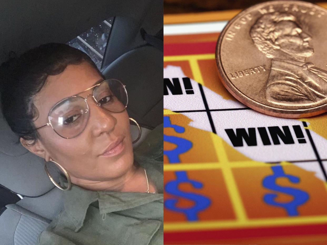 A photo of Gloria Easly, who won a $3 million lump sum in a state lottery, side-by-side with an image of a lottery scratch card.