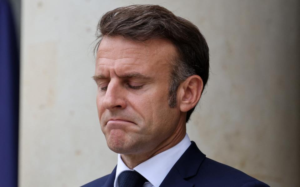 Emmanuel Macron before a reception for heads of state and governments at the Elysee palace in Paris, today