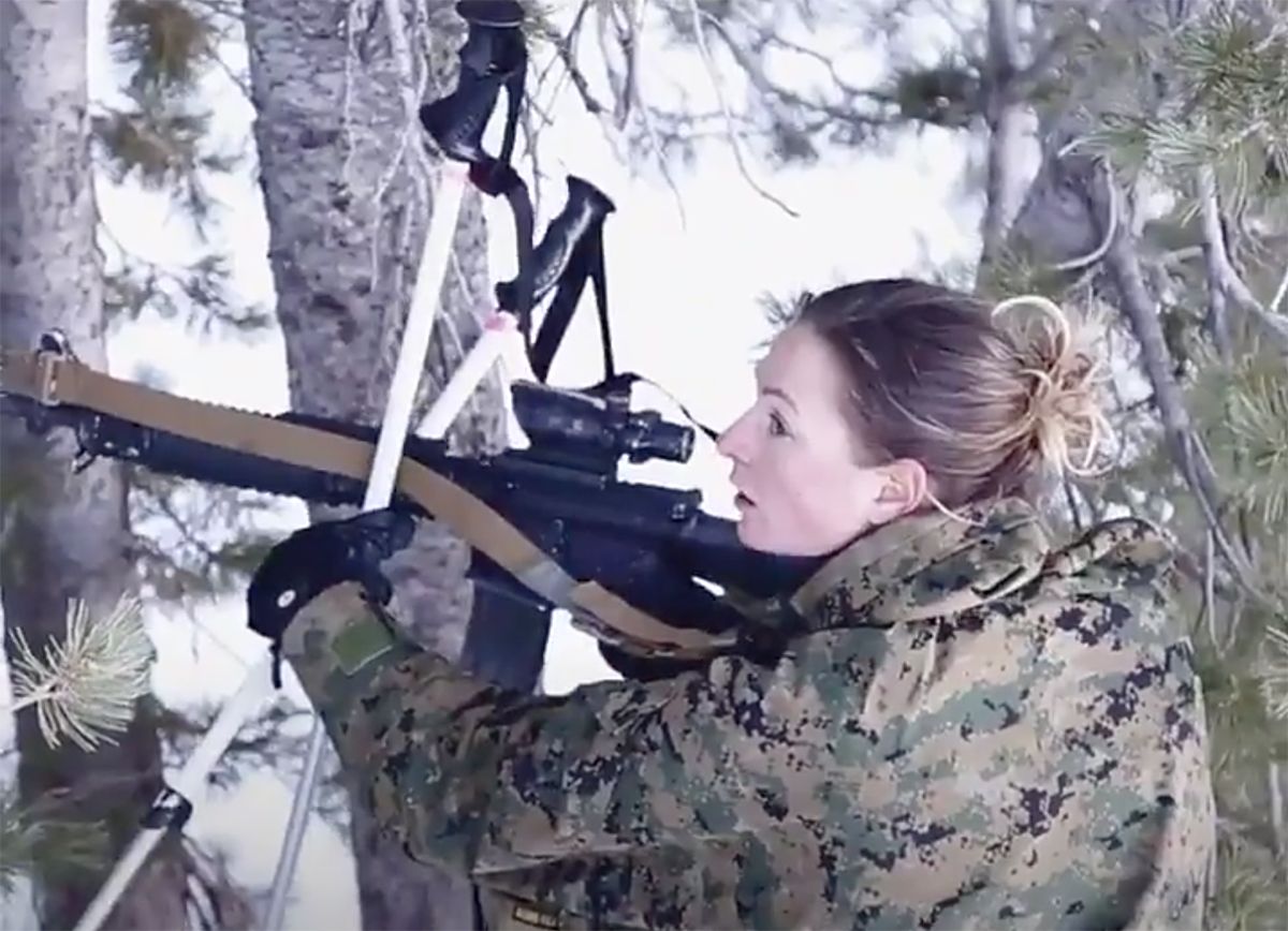 Sgt. Tara-Lyn Baker undergoes combat training in cold, snowy conditions during the Marines’ intense Winter Mountain Leaders Course. (Photo: USMC via Twitter)