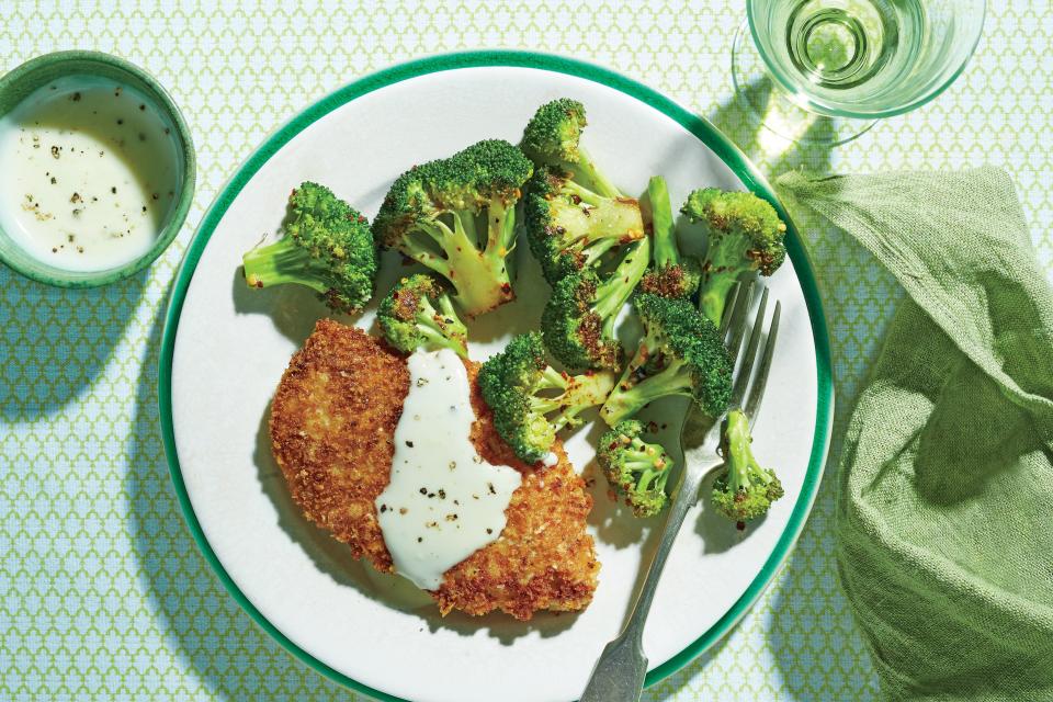 Crispy Oven-Fried Chicken Cutlets with Roasted Broccoli and Parmesan Cream Sauce