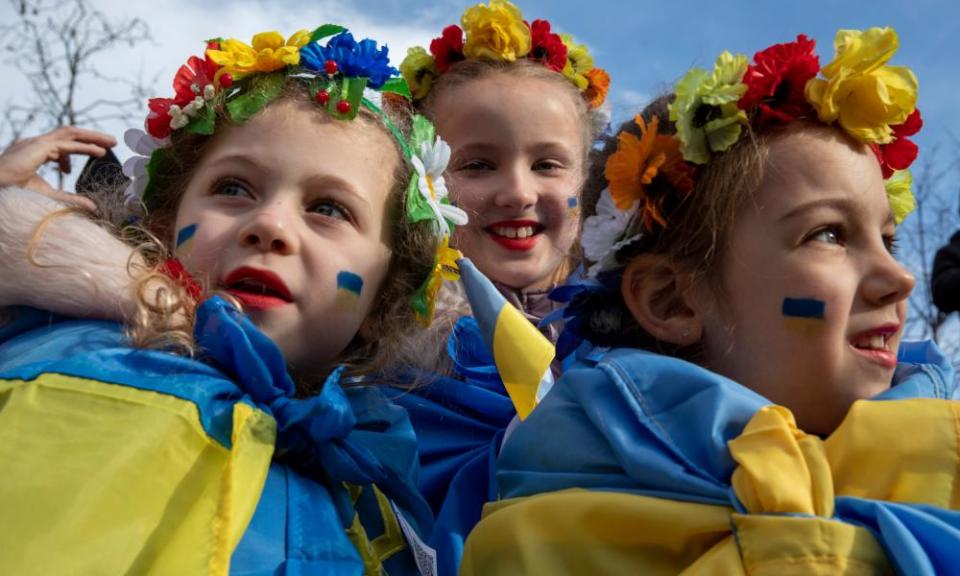 The Ukrainian community protesting in Manchester on Saturday.