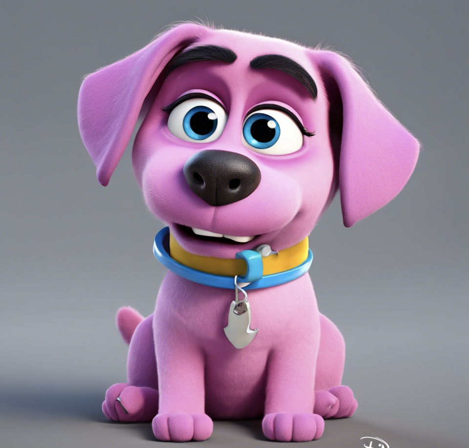 AI-generated 3d purple dog inspired by Bing Bong from "Inside Out" with a collar and a tag, sitting and looking forward