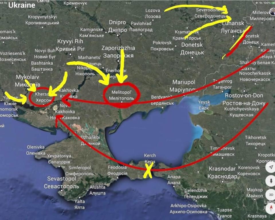 位在克赤海峽的克里米亞大橋連接克里米亞與俄國本土，是相當重要的戰略要地，可提供馬里烏波爾(中間紅圈處)與赫爾松(左邊紅圈處)抵抗烏軍反攻的物資。黃線部分代表烏軍目前攻勢。&nbsp;&nbsp;&nbsp;圖 : 翻攝自Google地圖