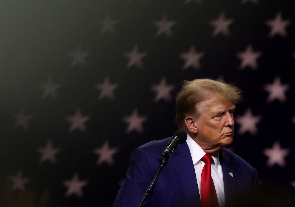  Donald Trump delivers remarks during a campaign rally at the Reno-Sparks Convention Center on December 17, 2023 in Reno, Nevada. 