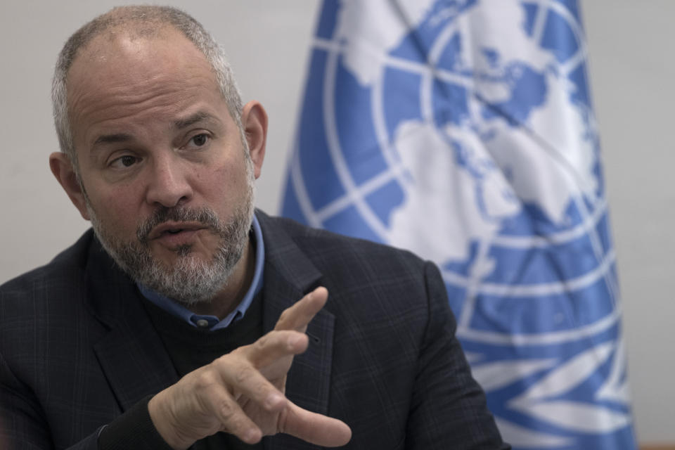 Dr. Adam Bouloukos the Director of United Nations Relief and Works Agency for Palestinian Refugees in the Near East (UNRWA) Affairs in the West Bank, speaks to journalists UNWRA at Aida Refugee Camp in the West Bank city of Bethlehem, Tuesday, Feb. 20, 2024. (AP Photo/Maya Alleruzzo)