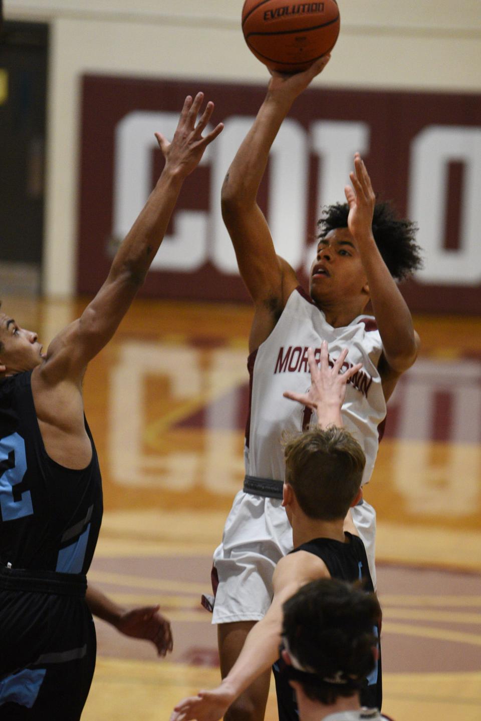 Zion Baitey, #0 of Morristown  makes a shoot against  Parsippany Hills in the first half during the NJAC-National boys basketball game in Morristown, Monday January 10th, 2022.  