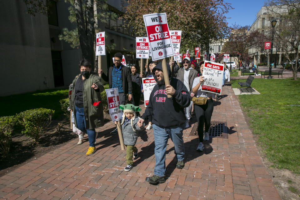 Professors, part-time lecturers, and graduate students strike at Rutgers University in Newark, N.J., Monday, April 10, 2023. (AP Photo/Ted Shaffrey)