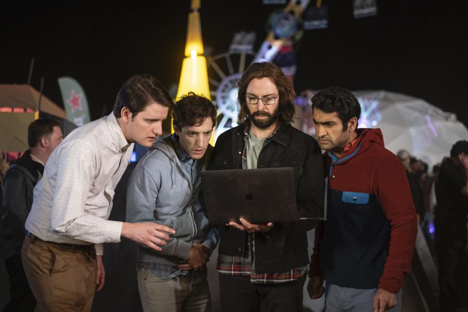 Jared (Zach Woods), left, Richard (Thomas Middleditch), Gilfoyle (Martin Starr) and Dinesh (Kumail Nanjiani) confront yet another potential disaster in HBO's 'Silicon Valley.'