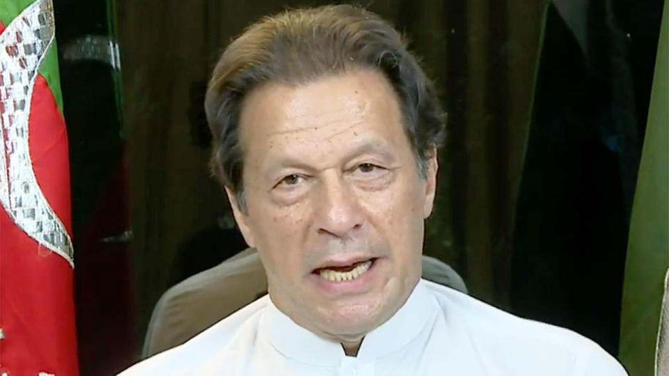 Seen here, Pakistan cricket icon and former Prime Minister Imran Khan speaking after being shot in the leg.