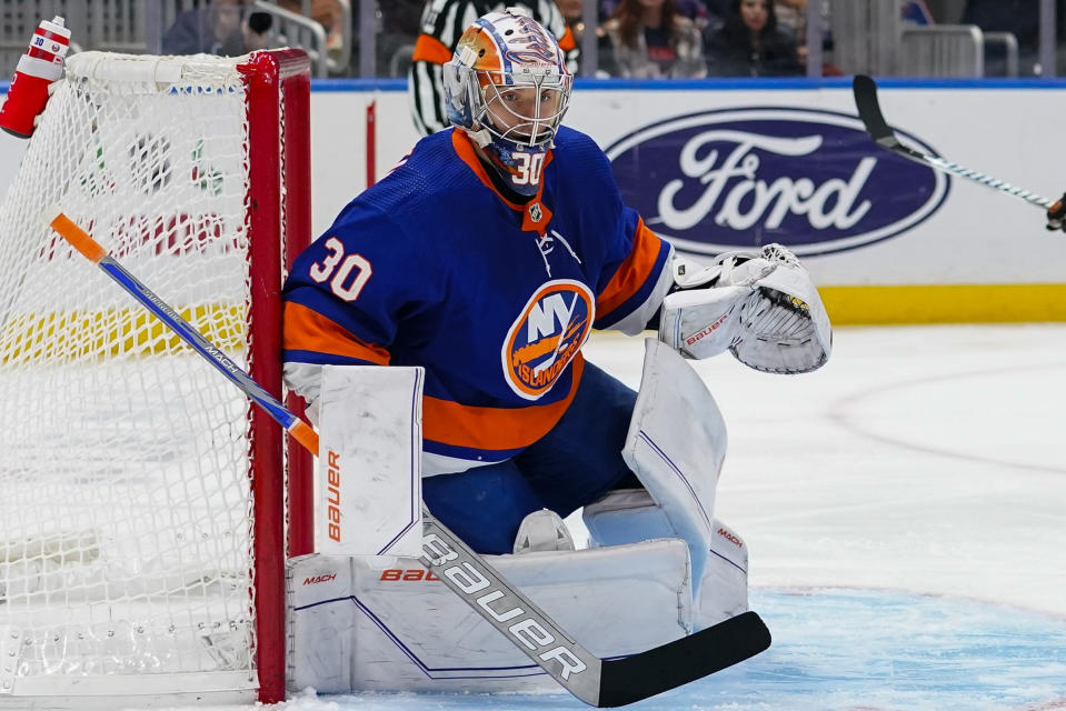 New York Islanders goaltender Ilya Sorokin watches the puck during the first period of the team's NHL hockey game against the Philadelphia Flyers on Wednesday, Nov. 22, 2023, in Elmont, N.Y. (AP Photo/Frank Franklin II)