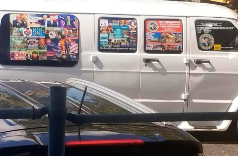 A photo taken by the husband of freelance journalist&#xa0;Lesley Abravanel, who spotted the van in November 2017 and took notice of it&#39;s particularly pro-Trump, anti-Democrat decoration.