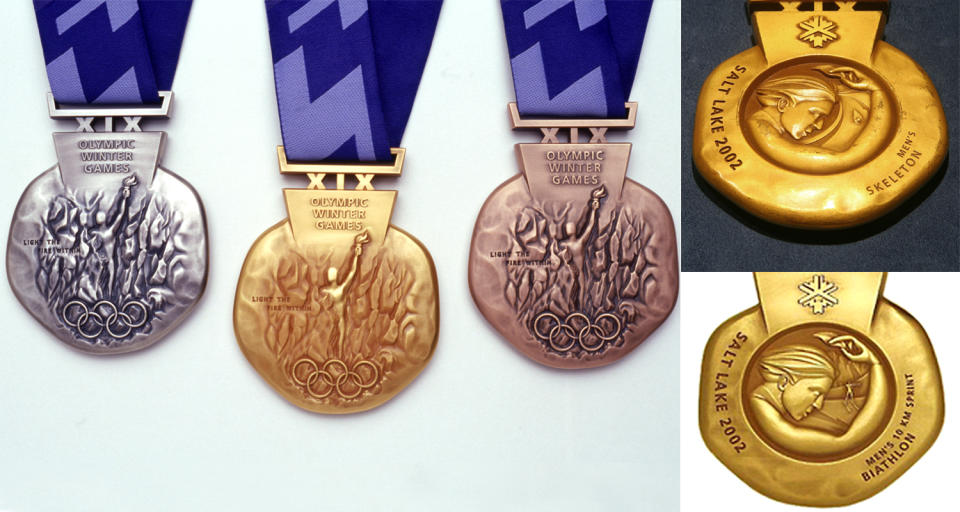 <p>The Salt Lake 2002 medals vary depending on the sports, a first in Olympic history. An athlete’s event is depicted on the back of the medal.<br> (Photos by Matthew Stockman/Allsport, AP Photo/Tina Fineberg, IOC) </p>