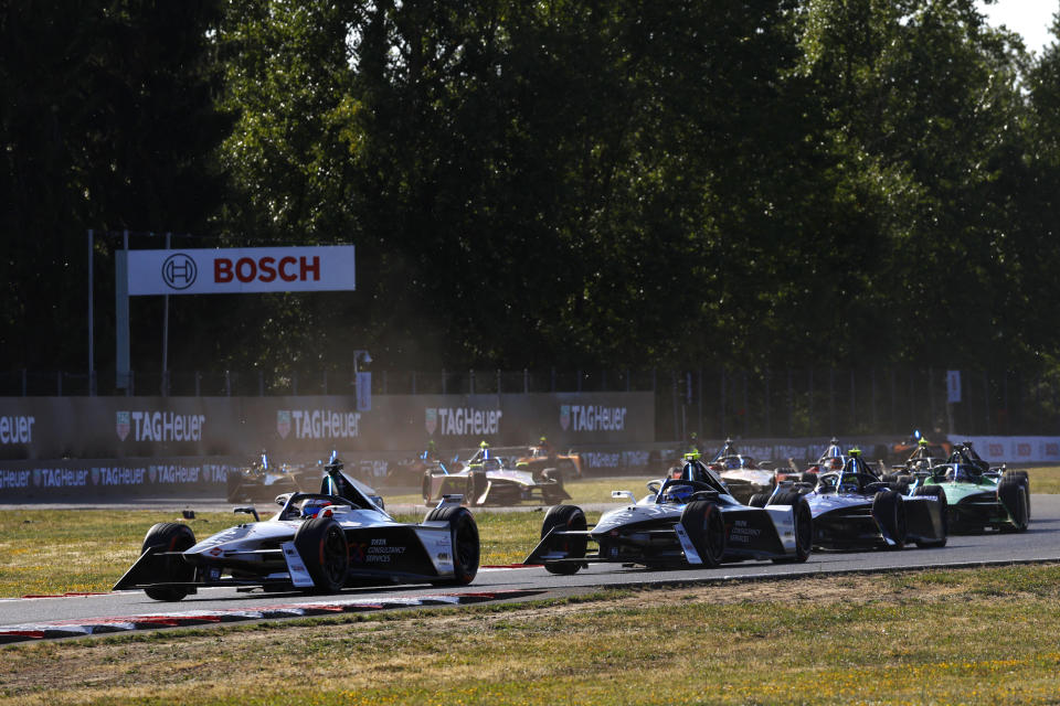 PORTLAND, OREGON - JUNE 24: Jaguar Racing, Mitch Evans, Jaguar TCS Racing, Jaguar I-TYPE 6, Sam Bird, Jaguar TCS Racing, Jaguar I-TYPE 6 and Edoardo Mortara, Maserati Tipo in this fundraiser presented by Maserati MSG Racing Folgore during the ABB FIA Formula E Championship - 2023 Southwire Portland E-Prix 12 on June 24, 2022 in Portland, Oregon.  (Photo by Handout/Jaguar Racing via Getty Images)