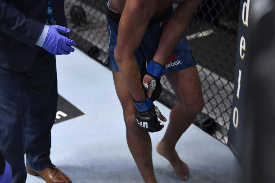 LAS VEGAS, NEVADA - NOVEMBER 21:  Brandon Royval reacts after his TKO loss to Brandon Moreno of Mexico in their flyweight bout during the UFC 255 event at UFC APEX on November 21, 2020 in Las Vegas, Nevada. (Photo by Jeff Bottari/Zuffa LLC)