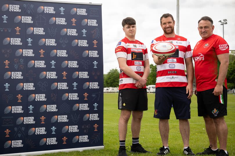 Llandovery's Tiaan Sparrow, Adam Warren and Euros Evans at the announcement of Super Rugby Cymru -Credit:Huw Evans Picture Agency