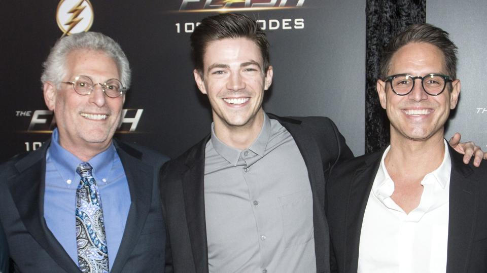 VANCOUVER, BC - NOVEMBER 17: (L-R) "The Flash" Executive Producer Todd Helbing, CW Television Network President Mark Pedowitz, Series Star Grant Gustin, Executive Producer Greg Berlanti and Warner Bros. Television Group President and Chief Content Officer Peter Roth attend the red carpet at "The Flash" 100TH Episode Celebration at the Commodore Ballroom on November 17, 2018 in Vancouver, Canada. (Photo by Phillip Chin/Getty Images for Warner Bros. Entertainment Inc.)