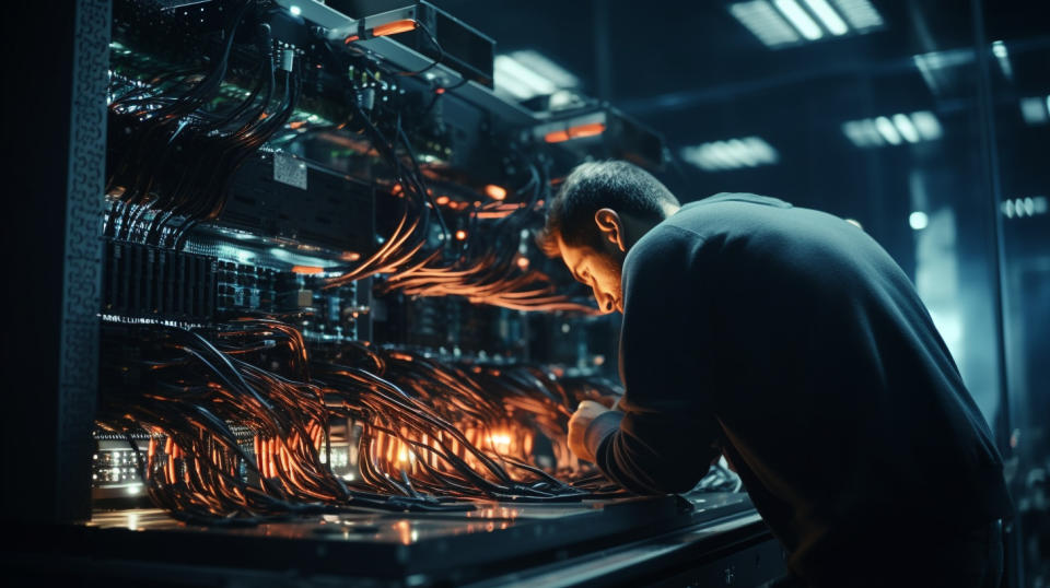 A computer network engineering team setting up a server array in a data center.